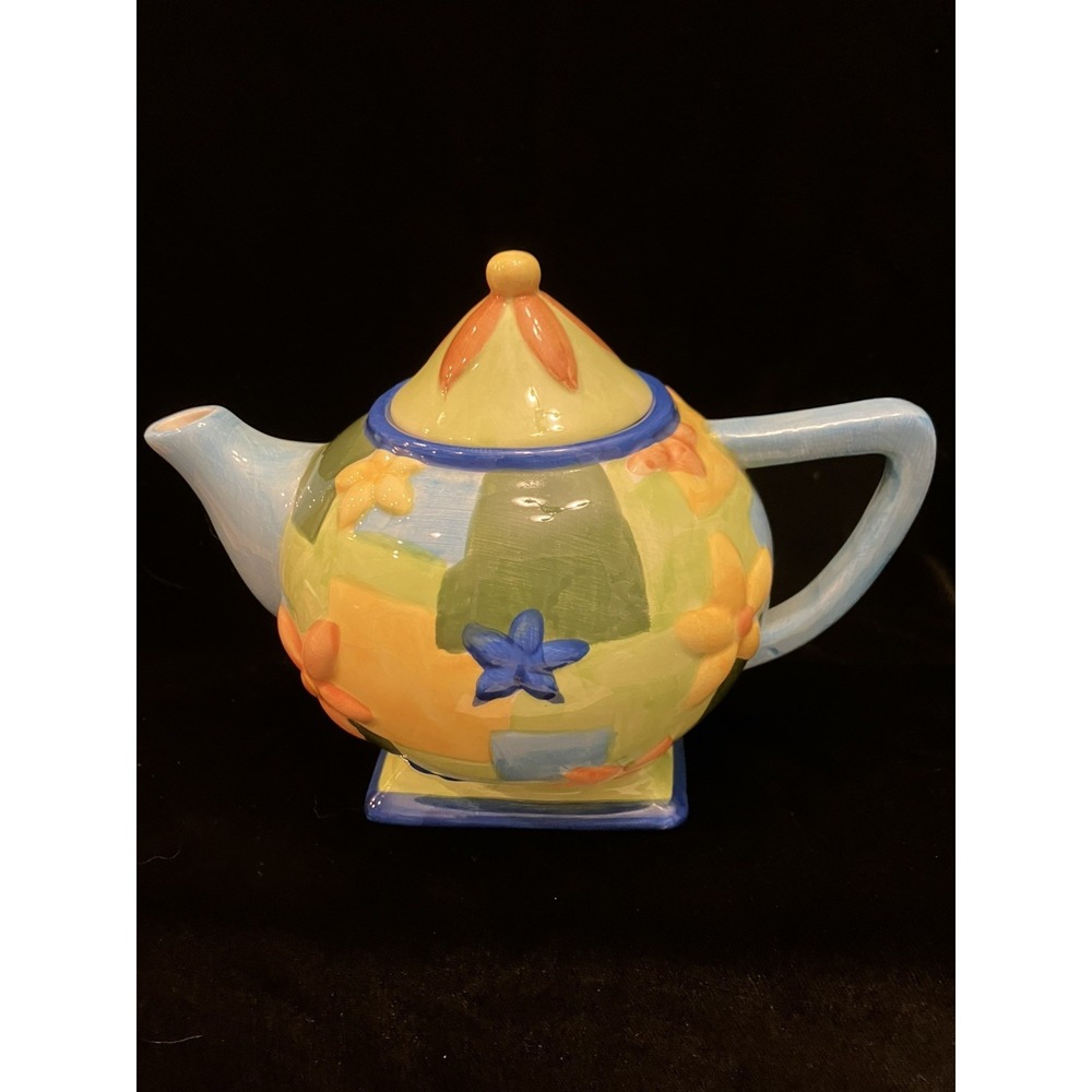 VTG Oneida China Hand Painted Country Style Blue Yellow Orange Floral Teapot